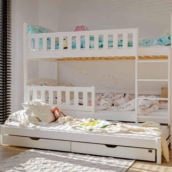 BLANKA Etagenbett Kinderbett mit Gästebett und Bettkästen 90x200 cm weiss