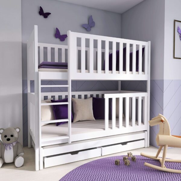EMILKA Kinderbett Etagenbett mit Gästebett und Bettkästen 80x180 cm weiss