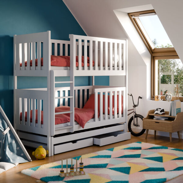 EMILKA Kinderbett Etagenbett mit Gästebett und Bettkästen 80x180 cm weiss