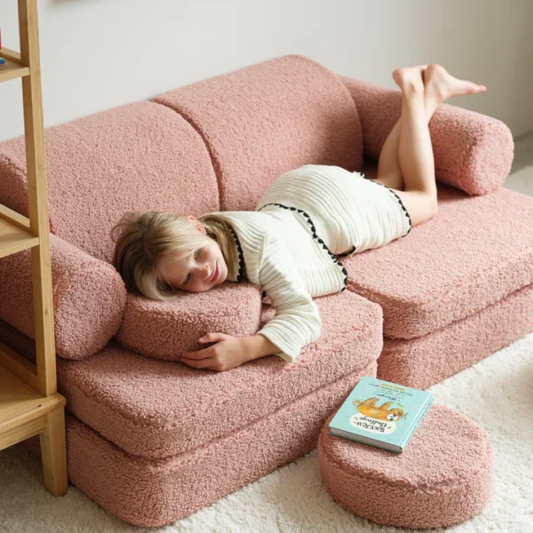 Umbaubares Spielsofa Teddystoff rosa