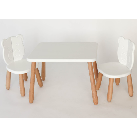 Kidozia Kindertisch-Set „Natur White Bear“ – 2 Stühle + 1 Tisch aus massivem Buchenholz