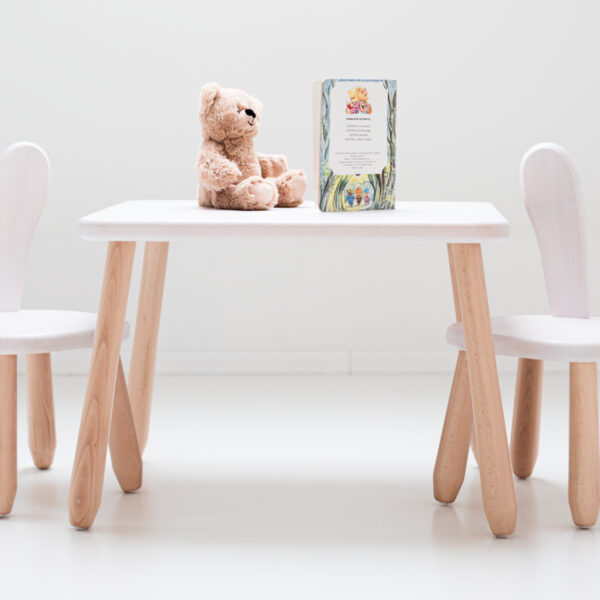 Kidozia Kindertisch-Set „Natur White Bunny“ – 2 Stühle + 1 Tisch aus massivem Buchenholz
