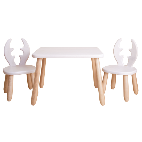 Kidozia Kindertisch-Set „Natur White Deer“ – 2 Stühle + 1 Tisch aus massivem Buchenholz