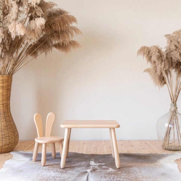 Mitwachsendes Kindertisch und Stuhl Set Massivholz Buche mit Hasenmotiv - Montessori Kindermöbel