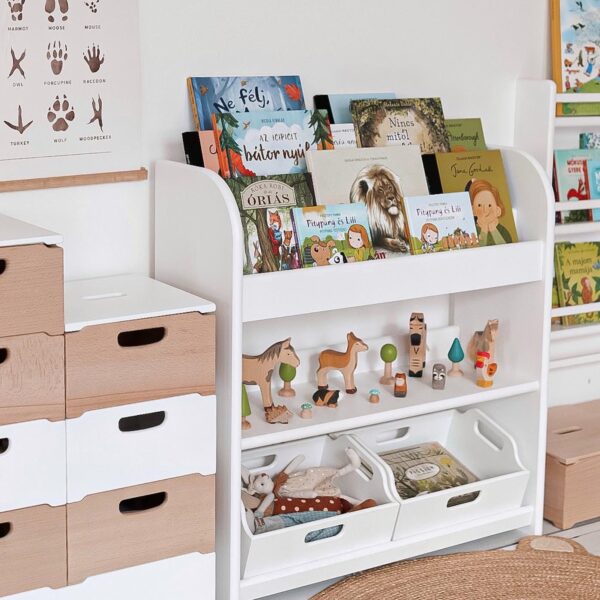 Montessori Spielzeugregal für Kleinkinder aus 100 % massivem Kieferholz – inkl. 2 Holztruhen