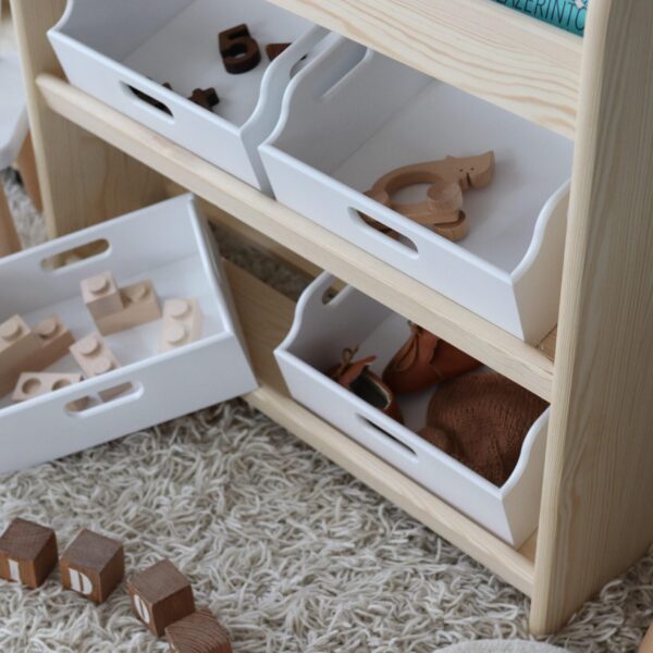 Montessori Spielzeugregal aus massivem Kiefernholz – inkl. 4 Holztruhen