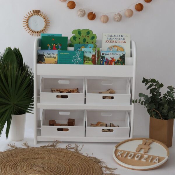 Montessori Spielzeugregal aus massivem Kiefernholz – inkl. 4 Holztruhen