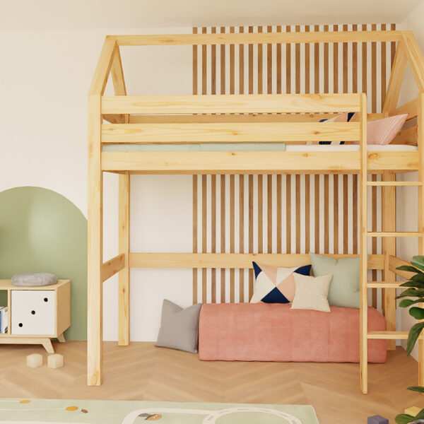 MANASLU Hausbett Hochbett  90 x 200 cm  | Massivholz Kiefer | Premium Loftbett