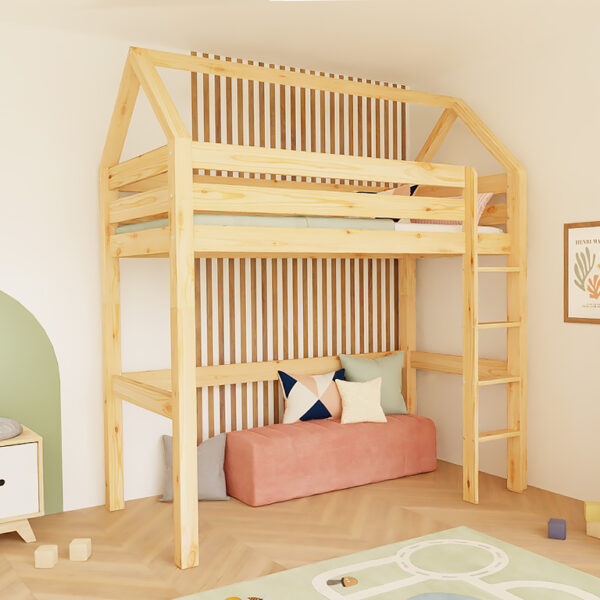 MANASLU Hausbett Hochbett  90 x 200 cm  | Massivholz Kiefer | Premium Loftbett